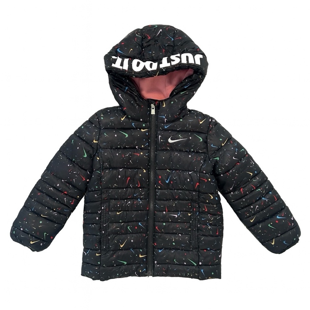 Nike Kids Size 3T Fleece Lined Hooded Puffer Jacket Black Just Do It